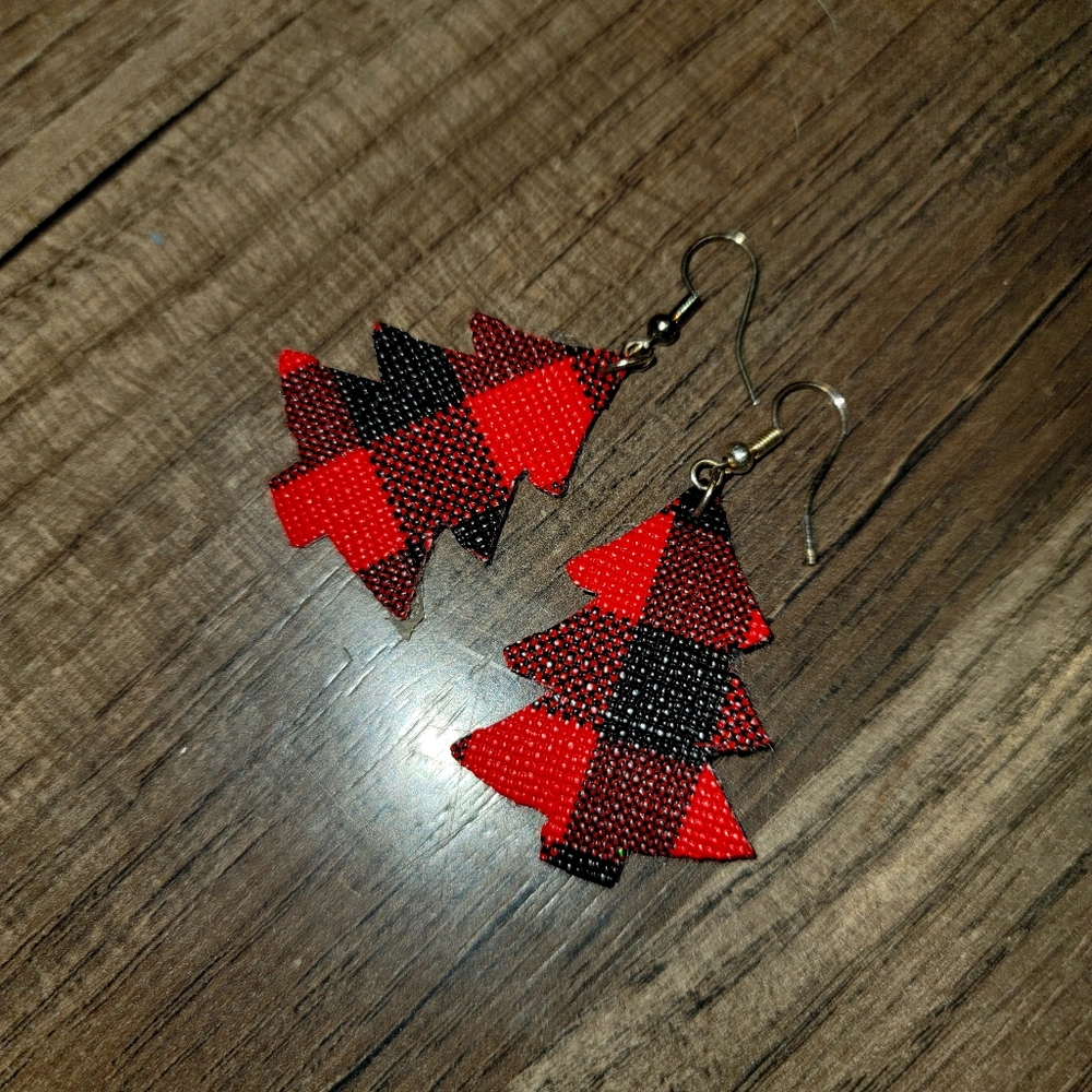 Leather Buffalo Plaid Christmas tree Earrings